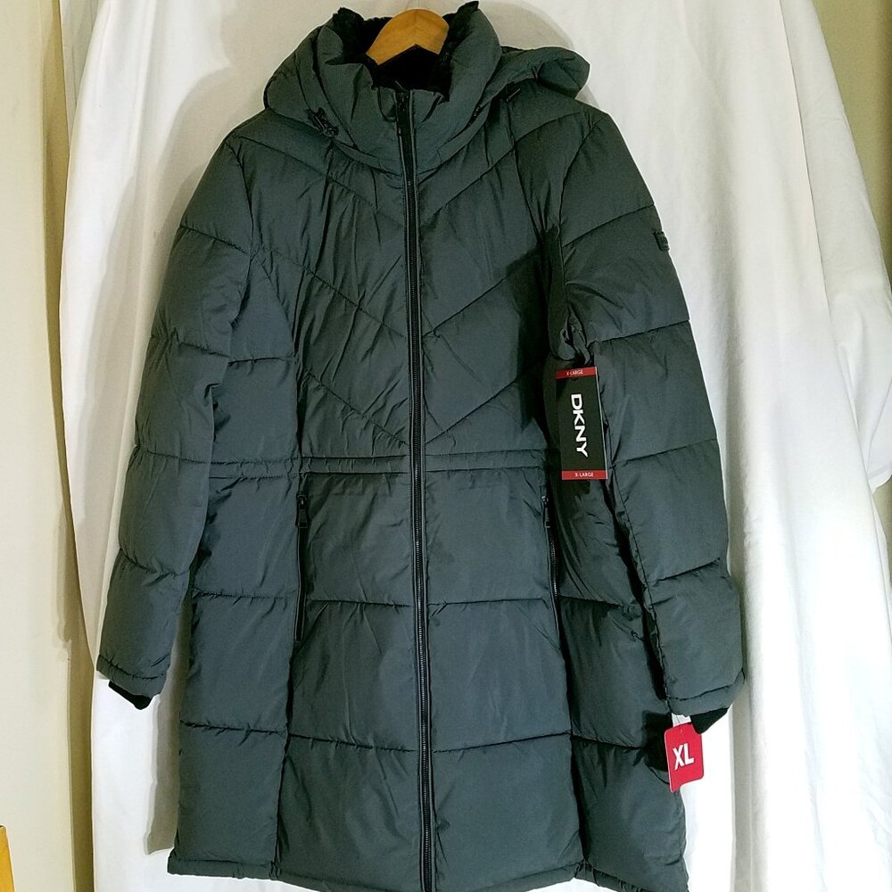 DKNY Long Quilted Puffer Jacket XL Gray New With Tags Removable Hood - Picture 2 of 16